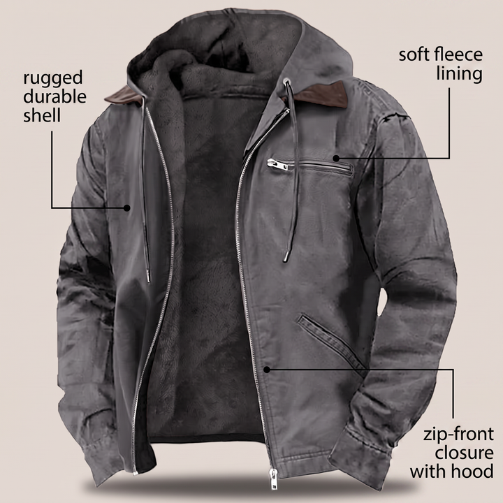 Mens outdoor hooded thermal jacket with full zip closure