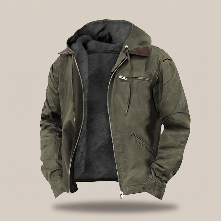 Side view of mens winter coat and thermal outerwear
