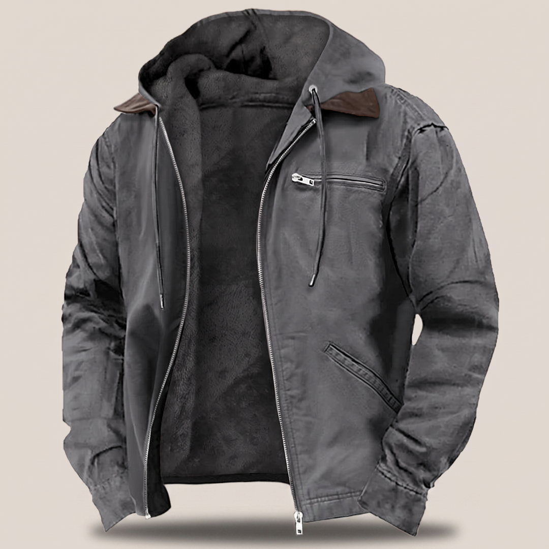 Back view of mens casual hooded jacket for outdoor wear