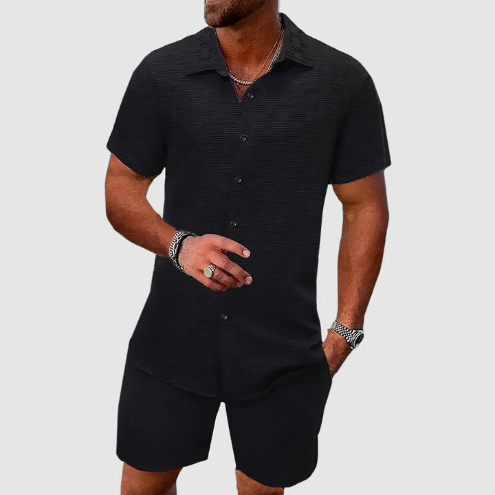 Full view of men's short sleeve button down shirt and matching shorts casual summer outfit