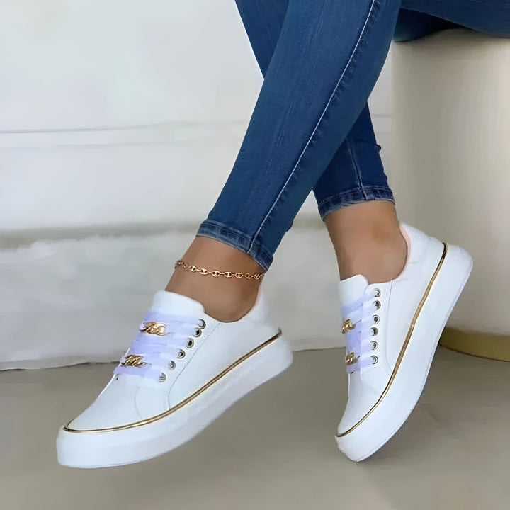 Close-up of stylish women's walking shoes highlighting breathable upper material