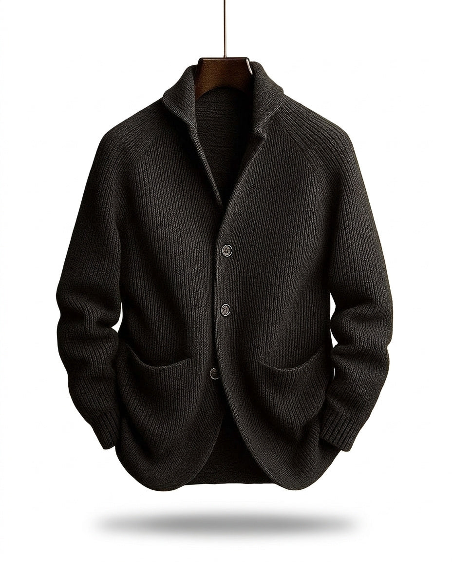 Close up view of cozy knit sweater texture and shawl collar design
