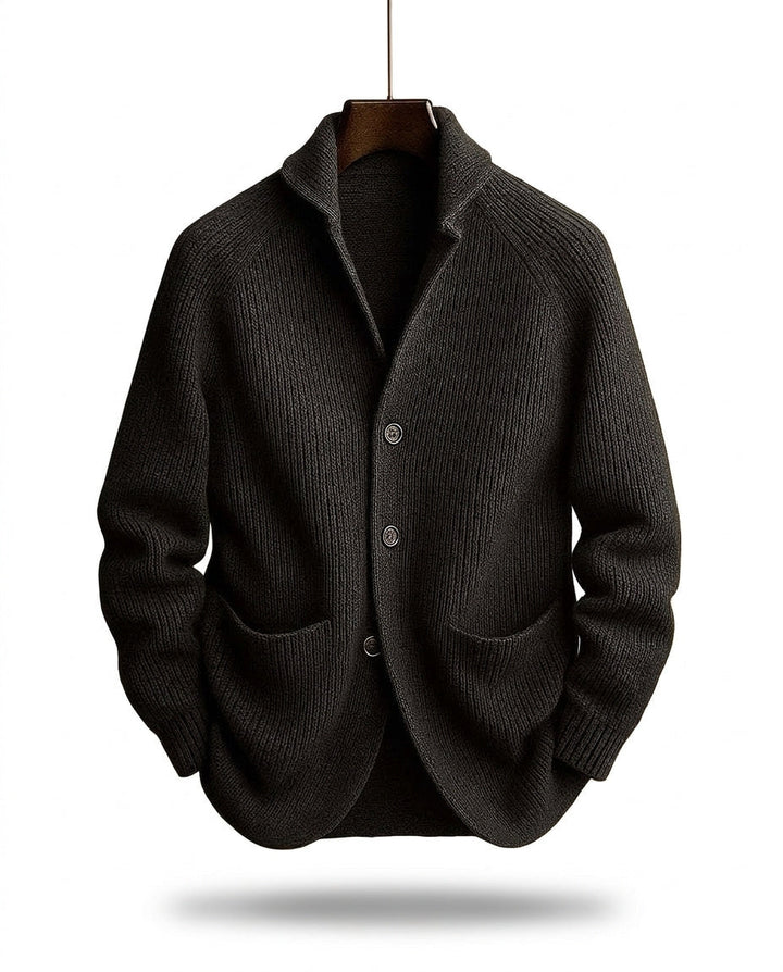 Close up view of cozy knit sweater texture and shawl collar design