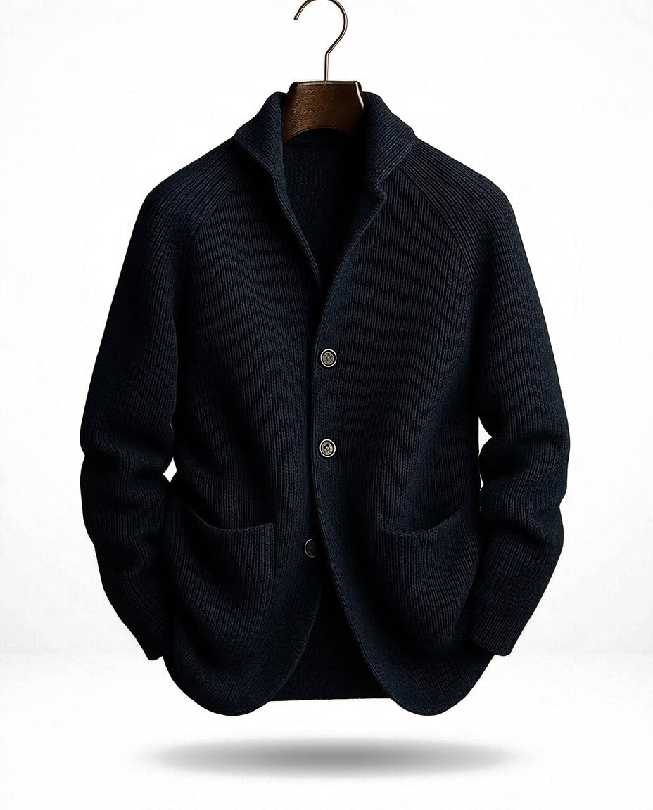 Side profile of womens knit cardigan showing relaxed fit and sleeves