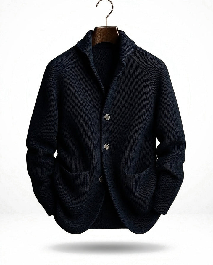 Side profile of womens knit cardigan showing relaxed fit and sleeves