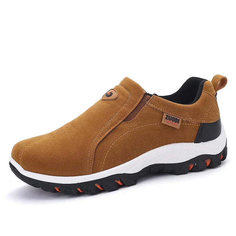 Men's brown orthopedic slip-on walking shoe with white midsole