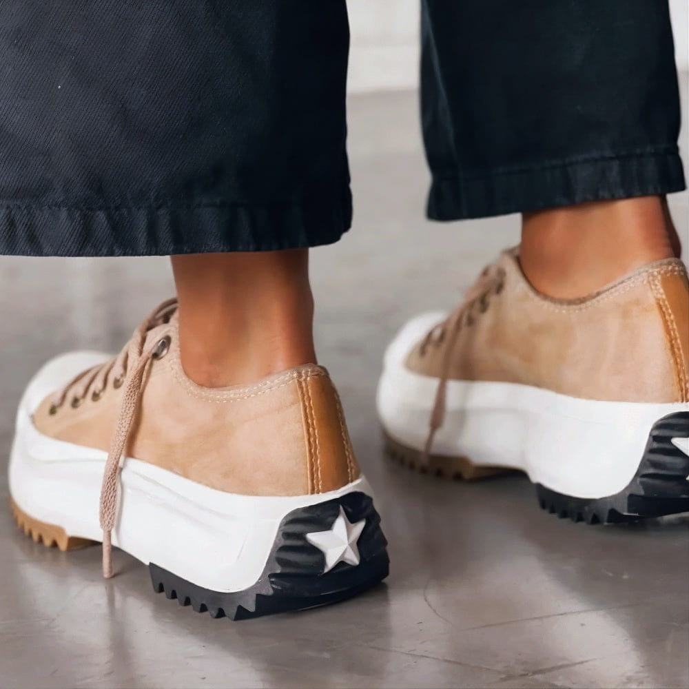 Back view of brown platform sneakers displaying ridged sole and star detail