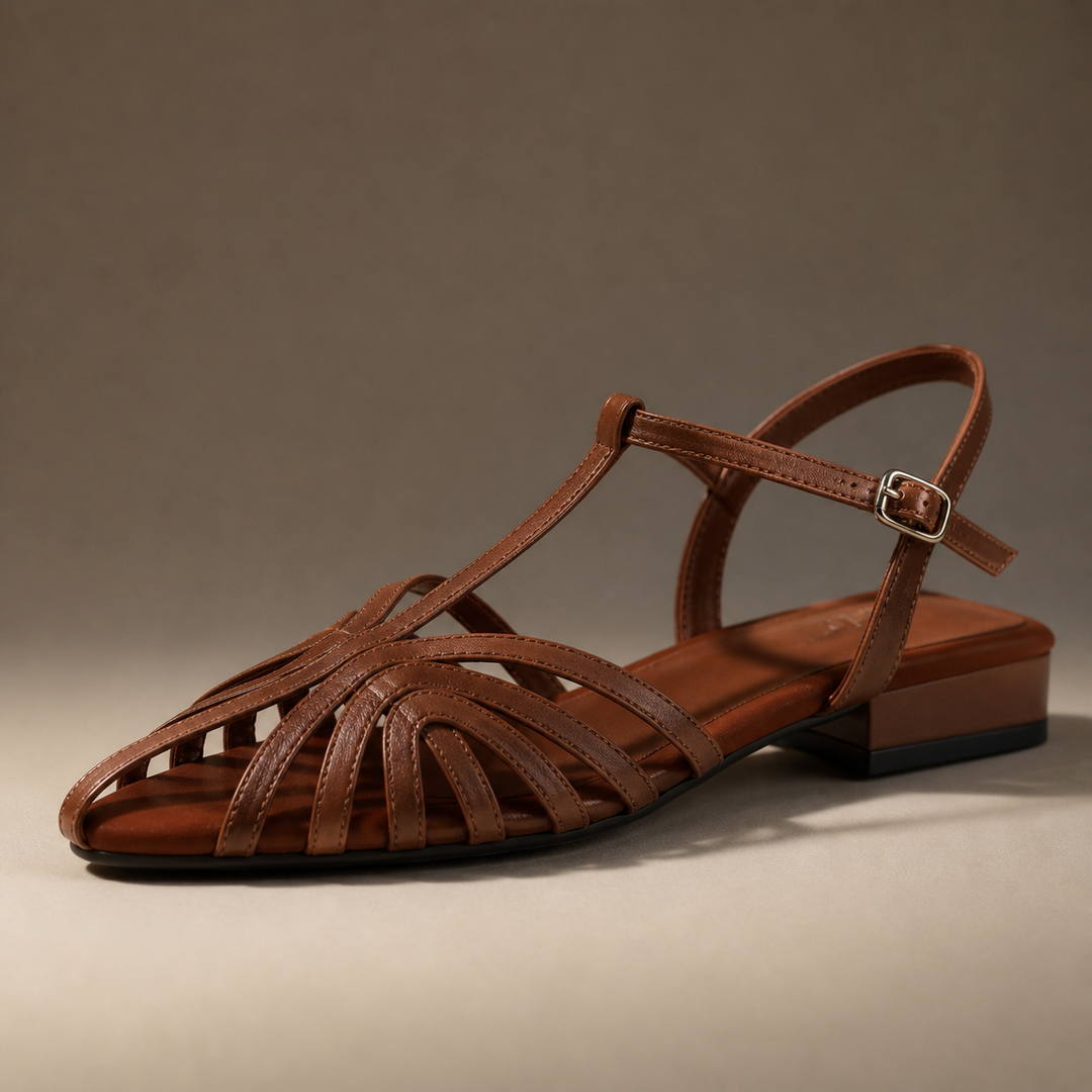 Brown woven ankle strap flat sandal viewed from the side