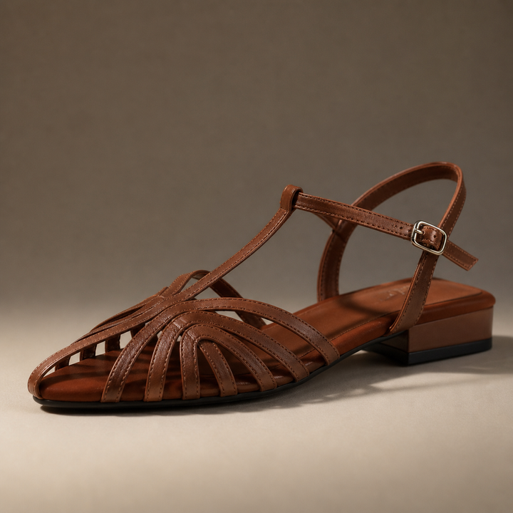 Brown woven ankle strap flat sandal viewed from the side