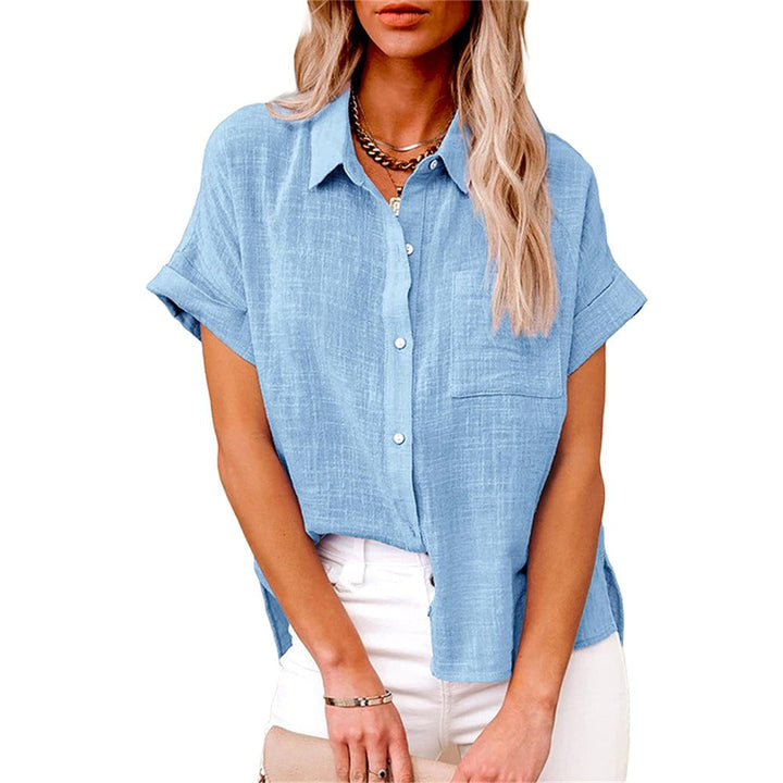 Women's button-front short sleeve blouse in relaxed fit summer fashion style