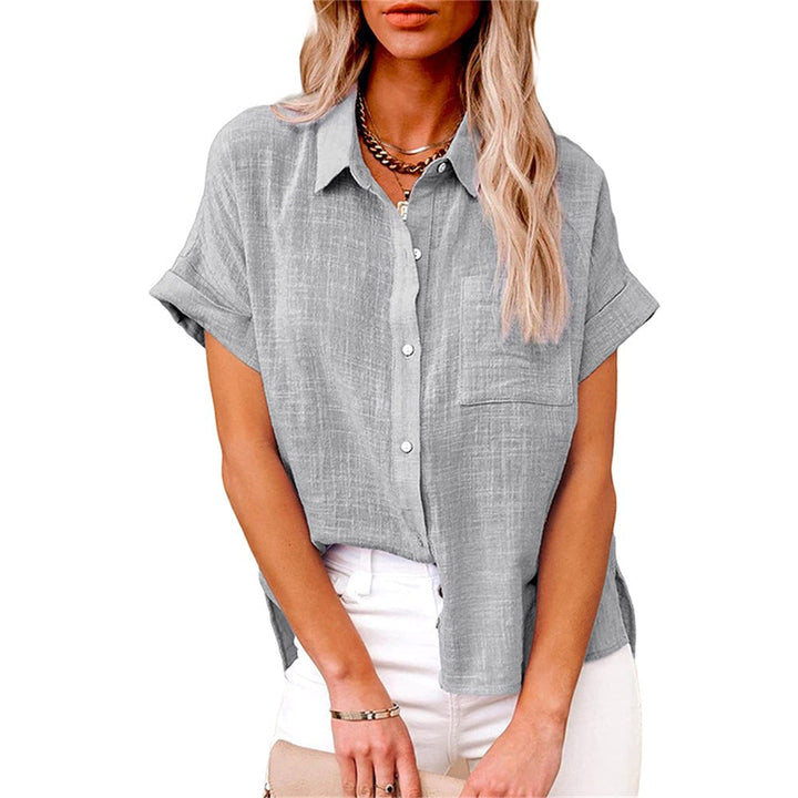 Holiday apparel women's blouse featuring a classic button-front design
