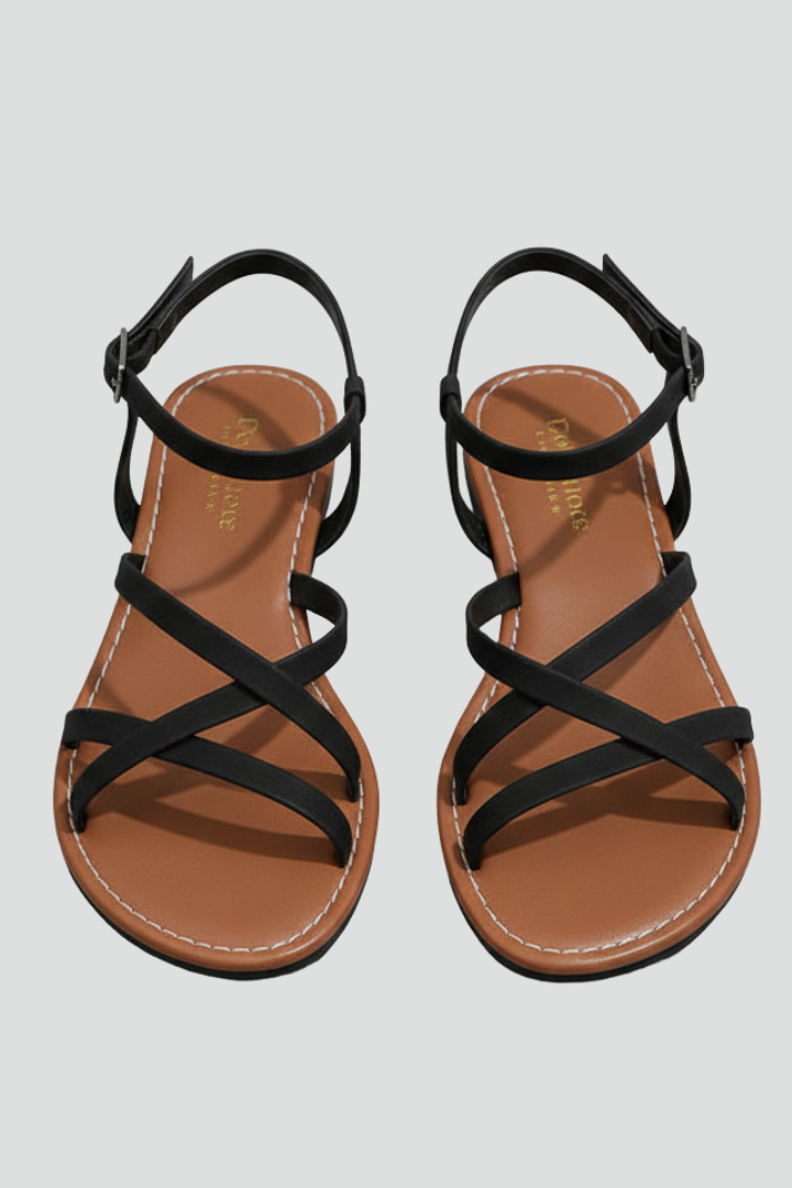 Pair of black strappy flat sandals with buckled ankle straps shown from above on light grey background