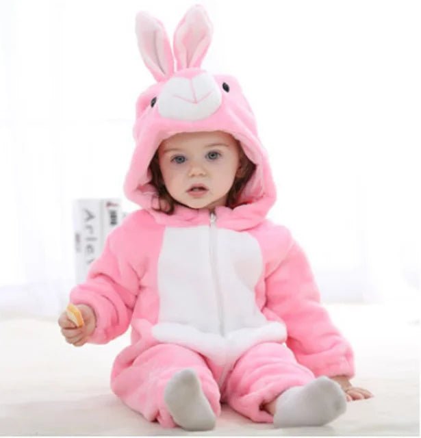 Baby costume zipper romper laid flat to display full body design