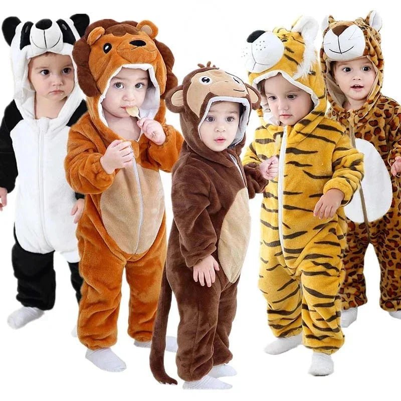 Multiple babies modeling different animal-inspired hooded rompers including panda, lion, monkey, and tiger
