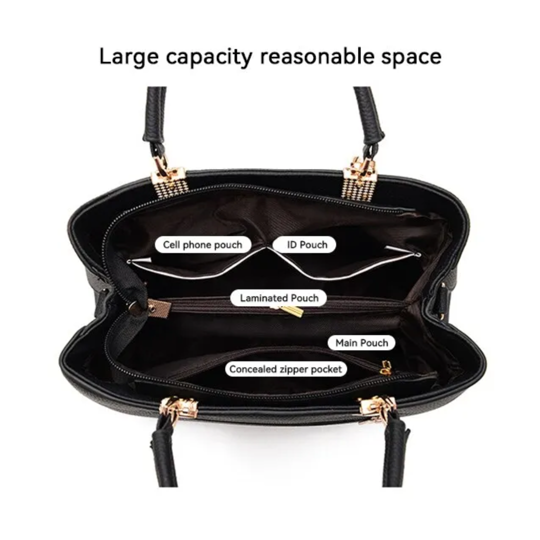 Interior compartment of women's chic shoulder bag with lining and pockets