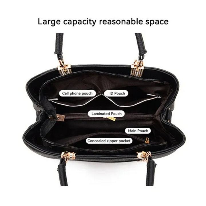 Interior compartment of women's chic shoulder bag with lining and pockets