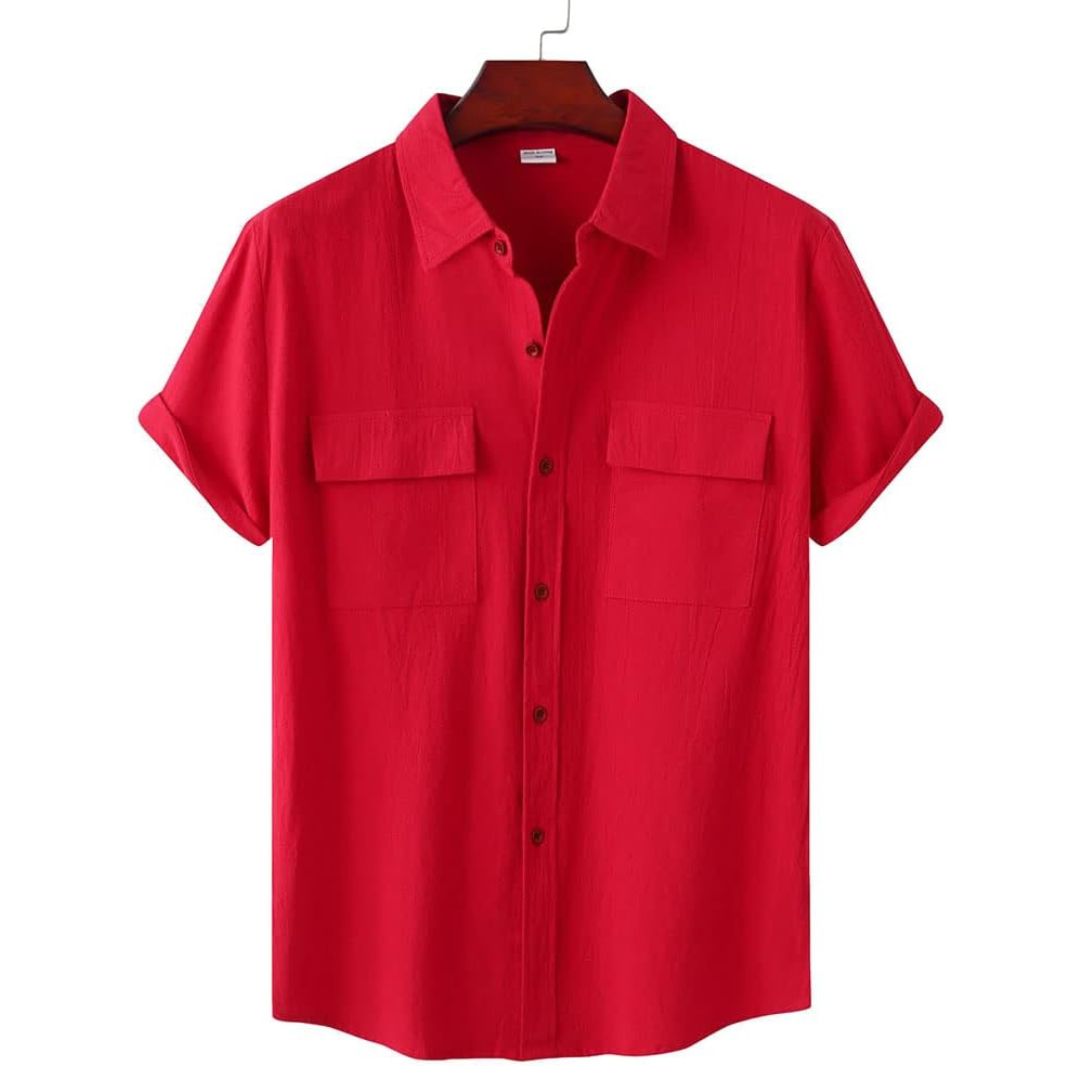 Red short sleeve casual button-down blouse for women