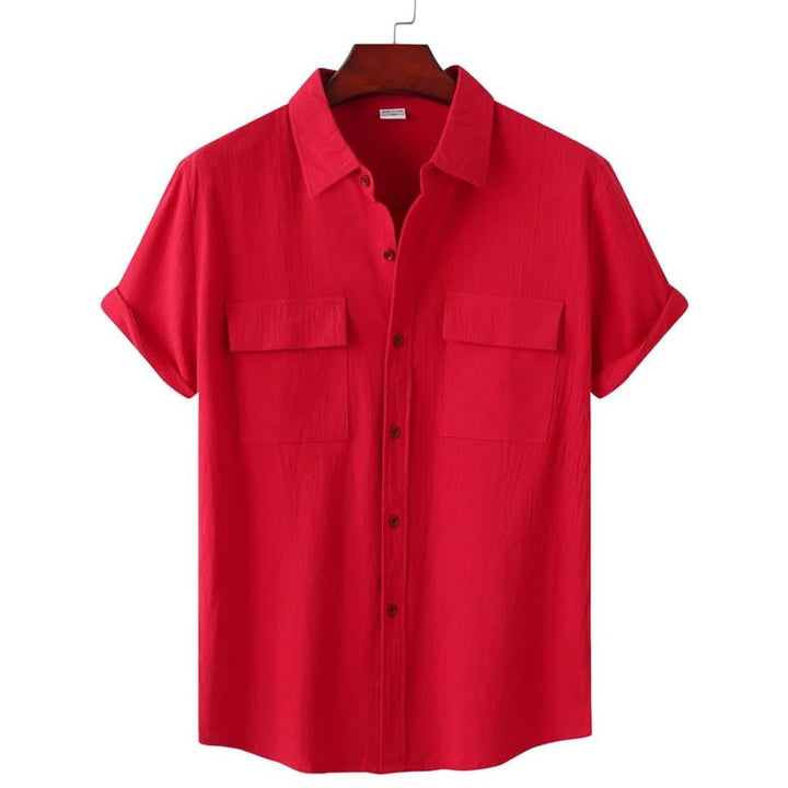 Red short sleeve casual button-down blouse for women