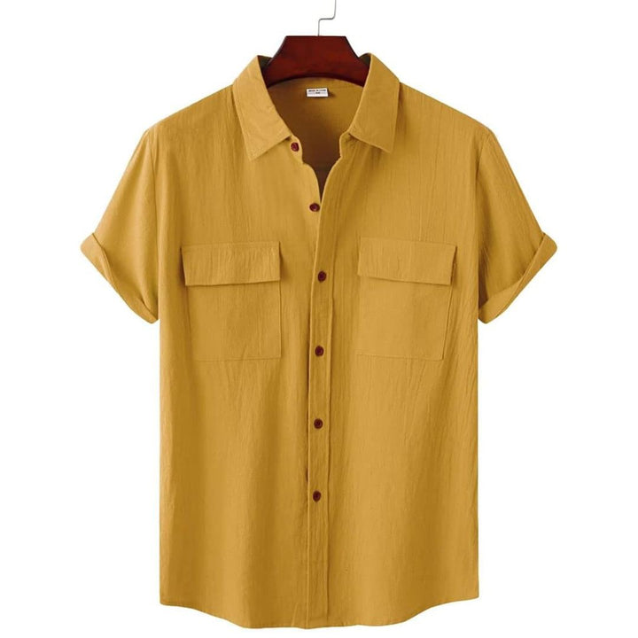 Yellow short sleeve casual button-down blouse for women