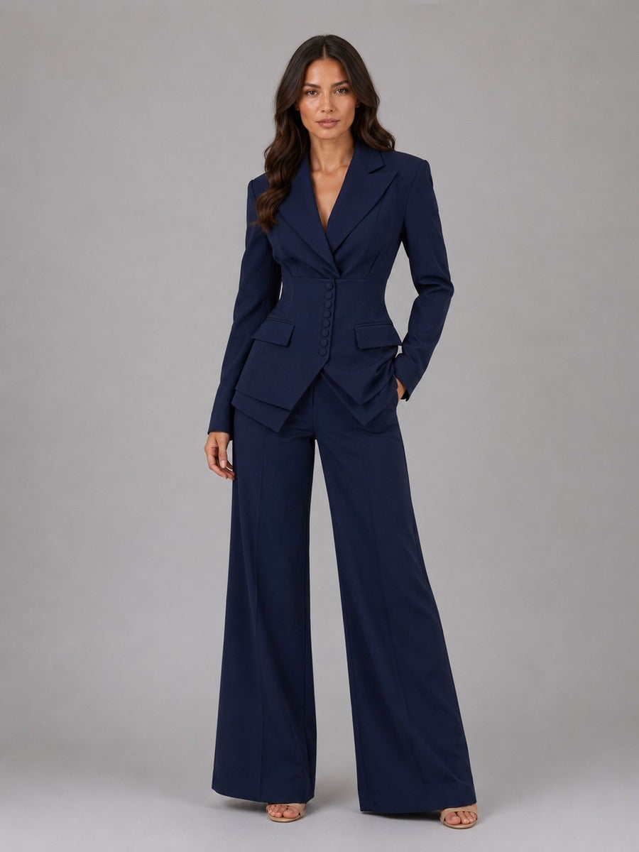 Model wearing Navy Blue two-piece suit with nipped-waist blazer and palazzo trousers