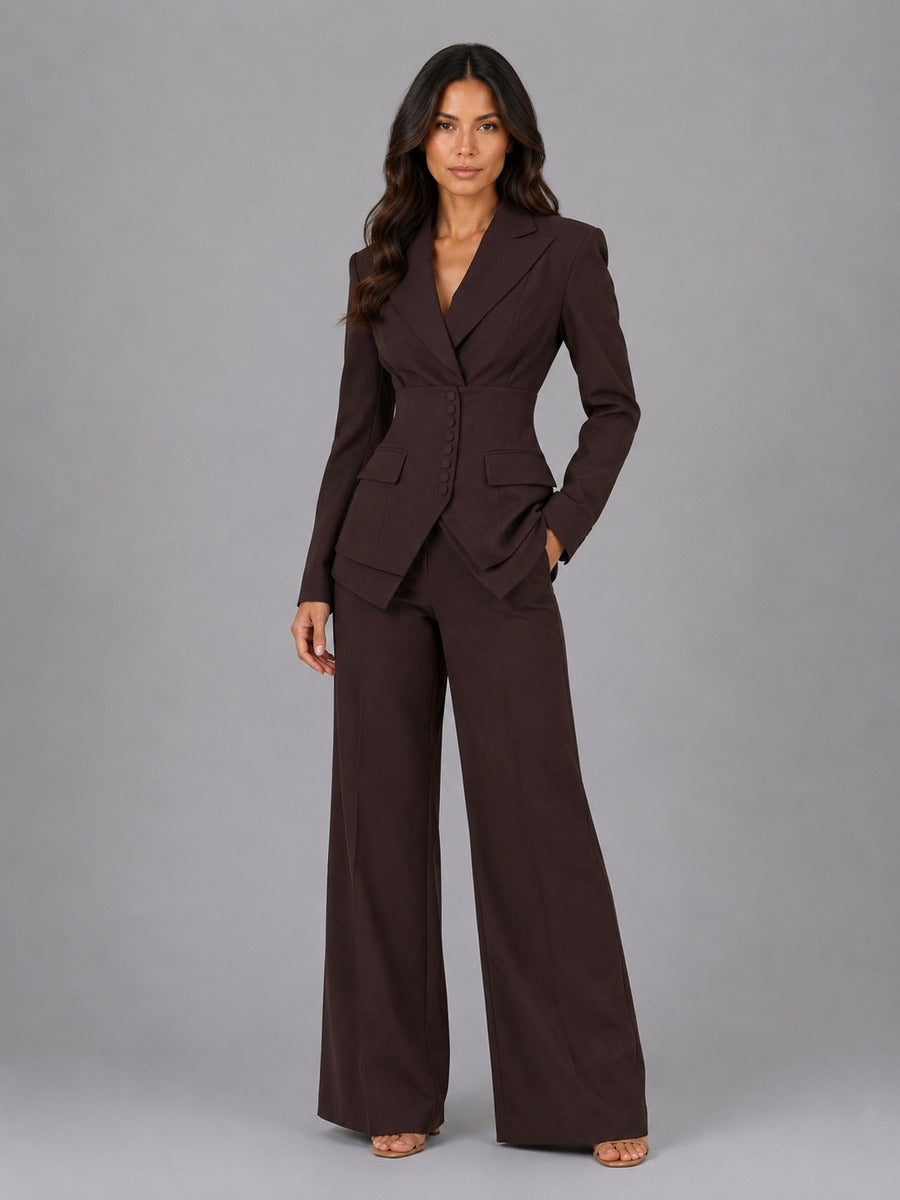 Model wearing Coffee brown two-piece suit with covered buttons and peak lapels