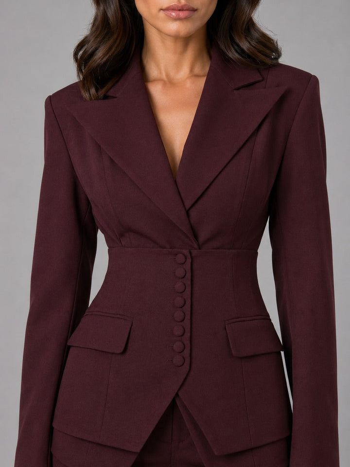 Full outfit flat lay of chic womens blazer and palazzo trousers business suit