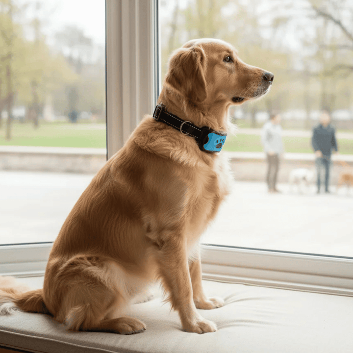 Golden retriever sitting by a window wearing a blue anti-bark training collar