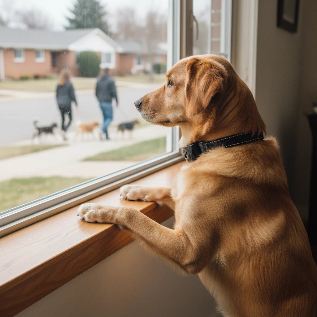 Golden retriever looking out a window while wearing a black vibration bark collar