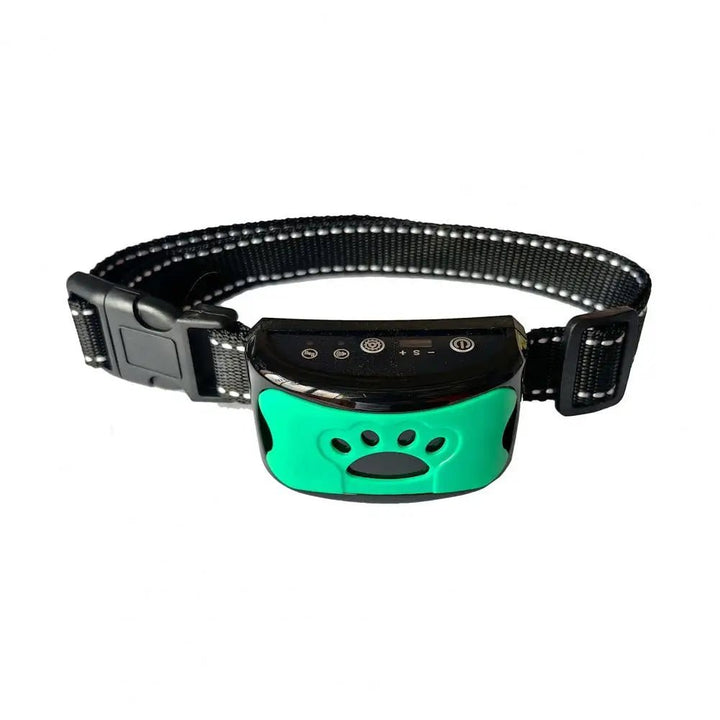 Dog anti-bark training collar showing adjustable vibration modes and digital display