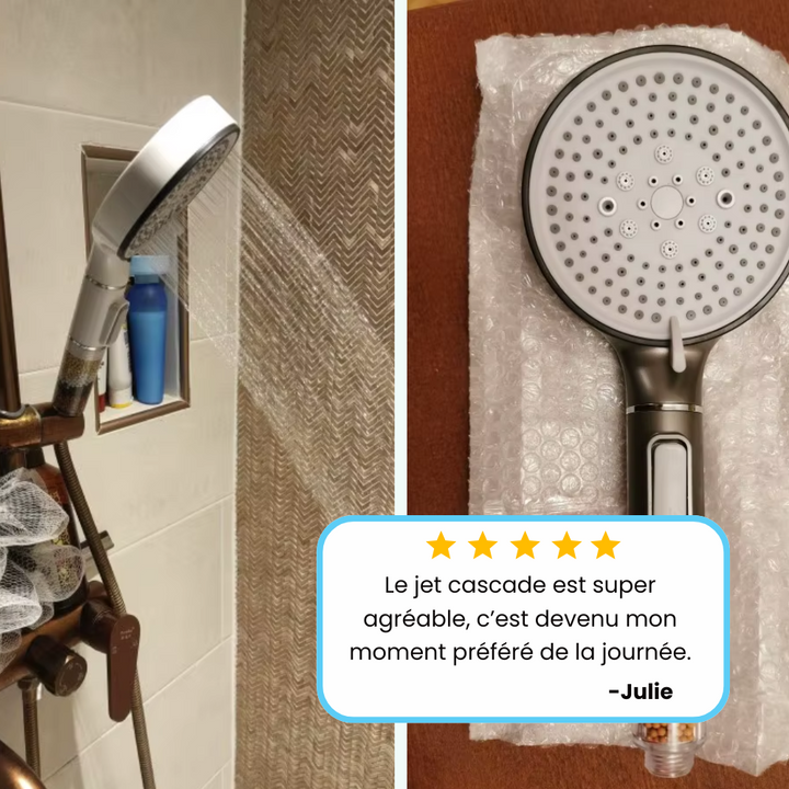 Filtered shower head installed in bathroom showing water flow