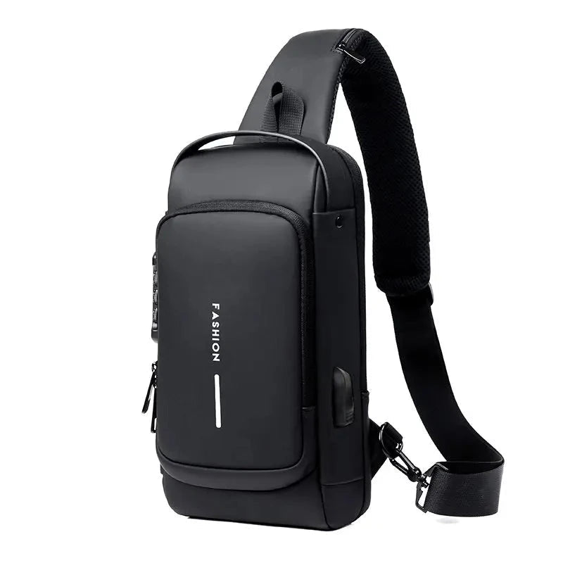 Black anti-theft chest bag with modern zipper compartments and security lock