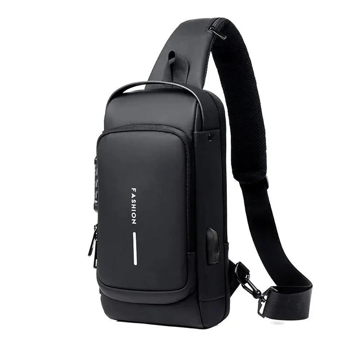 Black anti-theft chest bag with modern zipper compartments and security lock