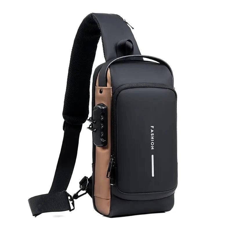 Water-resistant fabric texture detail on black urban anti-theft chest bag