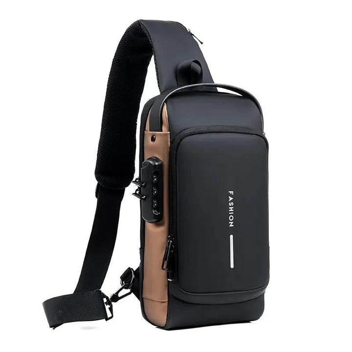 Water-resistant fabric texture detail on black urban anti-theft chest bag