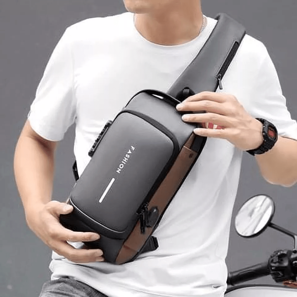 Unisex anti-theft chest bag showing RFID protection pocket for travel security