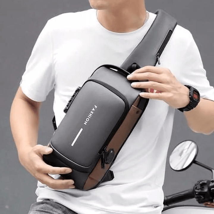 Unisex anti-theft chest bag showing RFID protection pocket for travel security