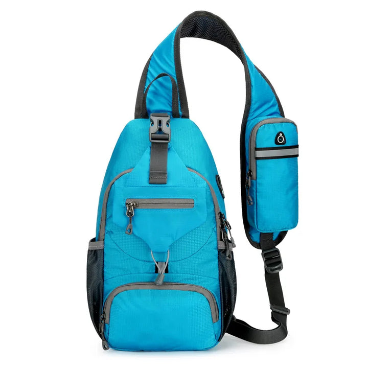 Waterproof travel shoulder bag showing secure zipper placement