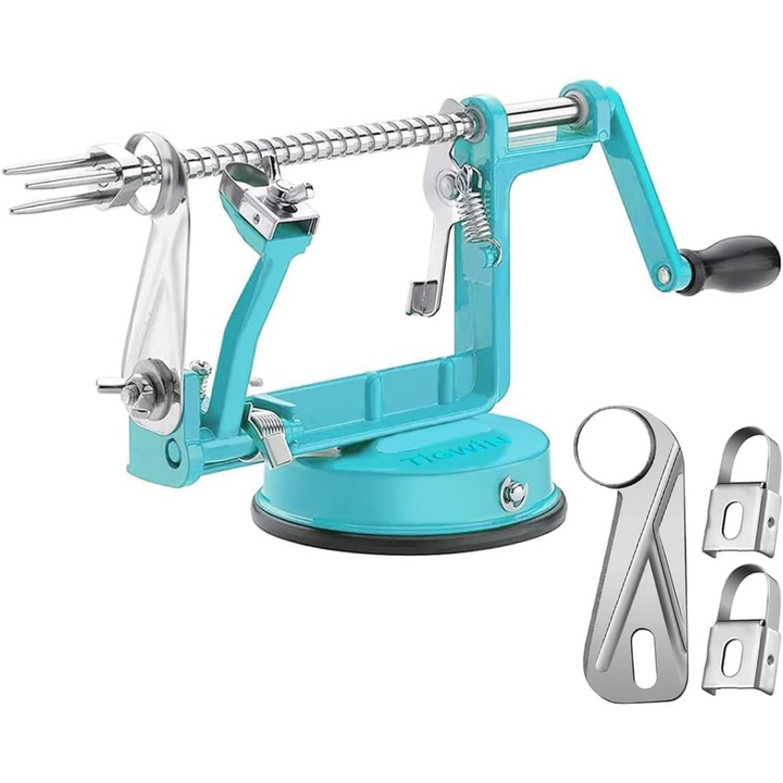 Red fruit peeler gadget showing crank handle and secure suction cup bottom