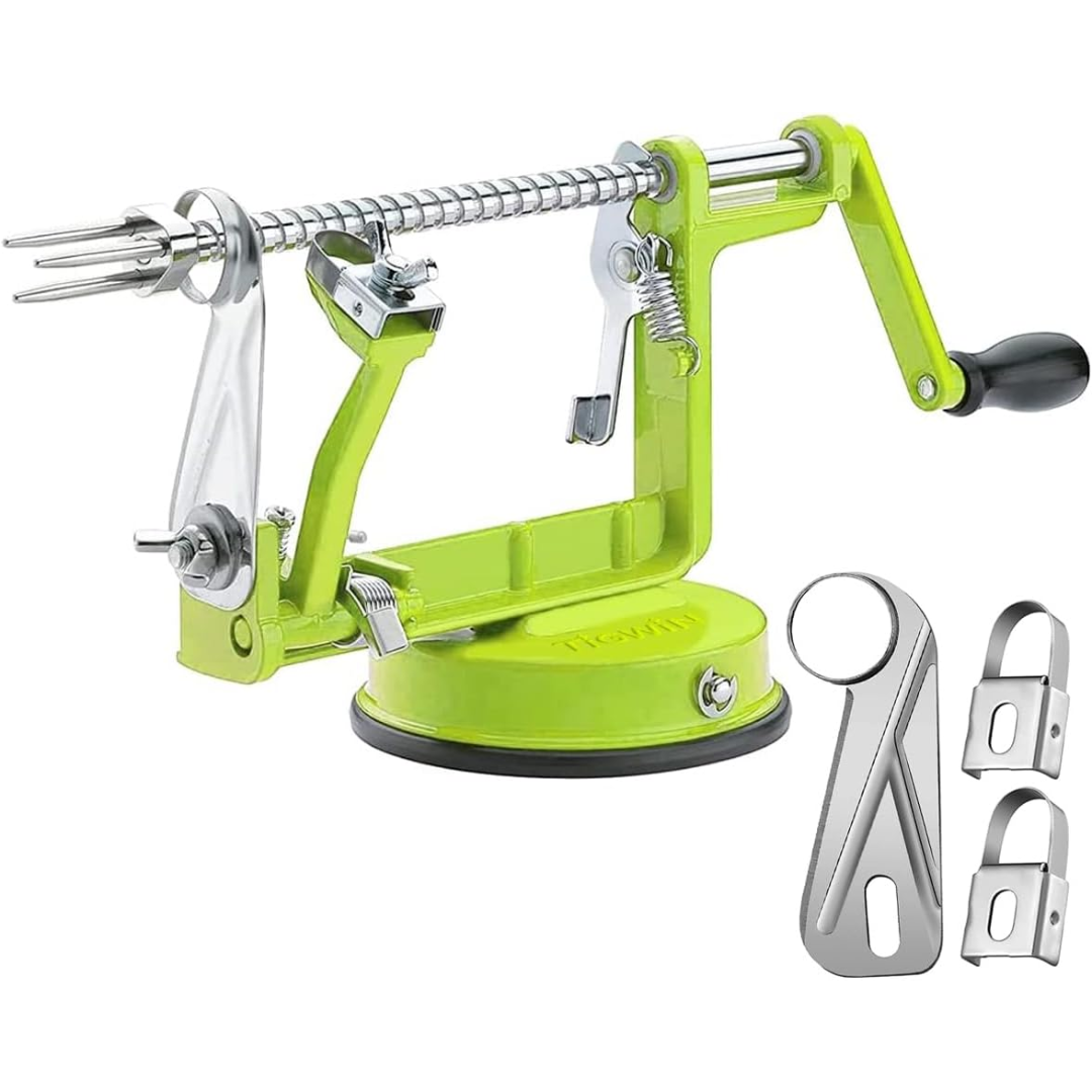 Green apple peeler and corer tool on a secure base