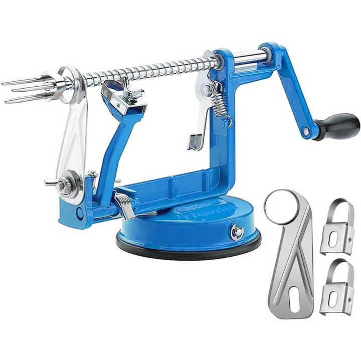 Blue apple peeler and corer with hand crank