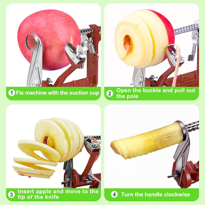 Universal apple peeler and corer with sturdy suction base on kitchen counter