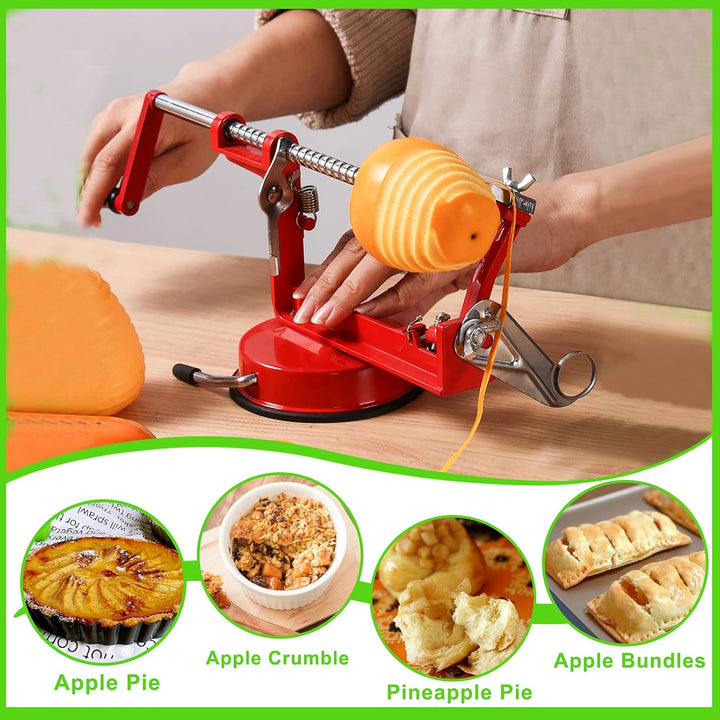 Side view of multi functional apple slicer and potato peeler device