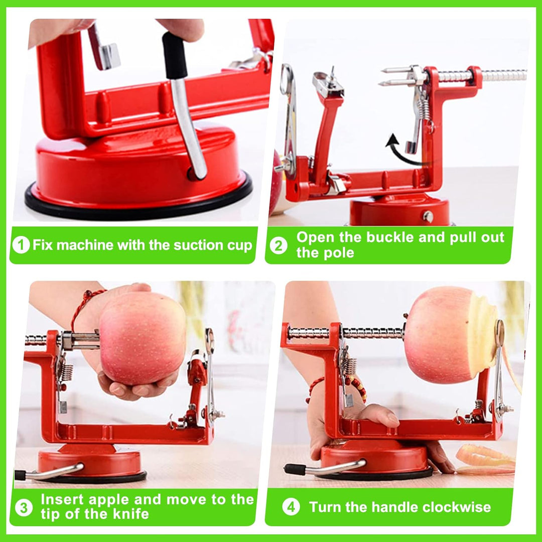 Kitchen gadget set including core slicer and fruit peeler in action