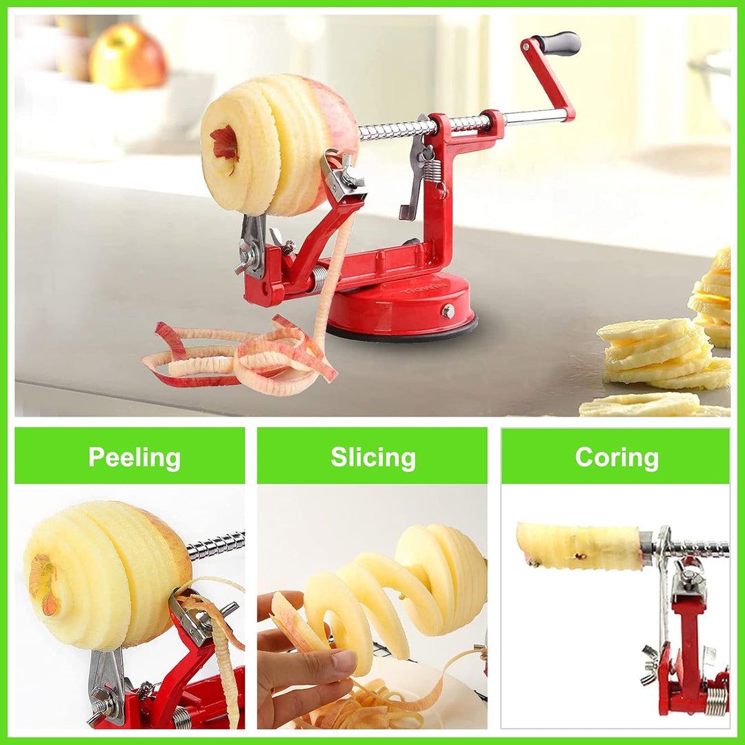 Demonstration of apple peeler corer removing skin efficiently