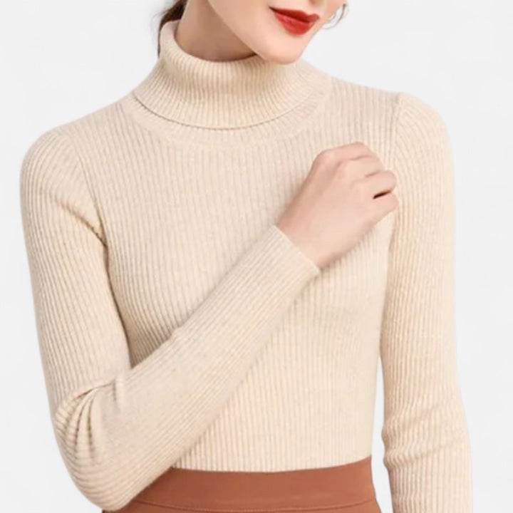 Back view of minimalist turtleneck pullover in soft fabric