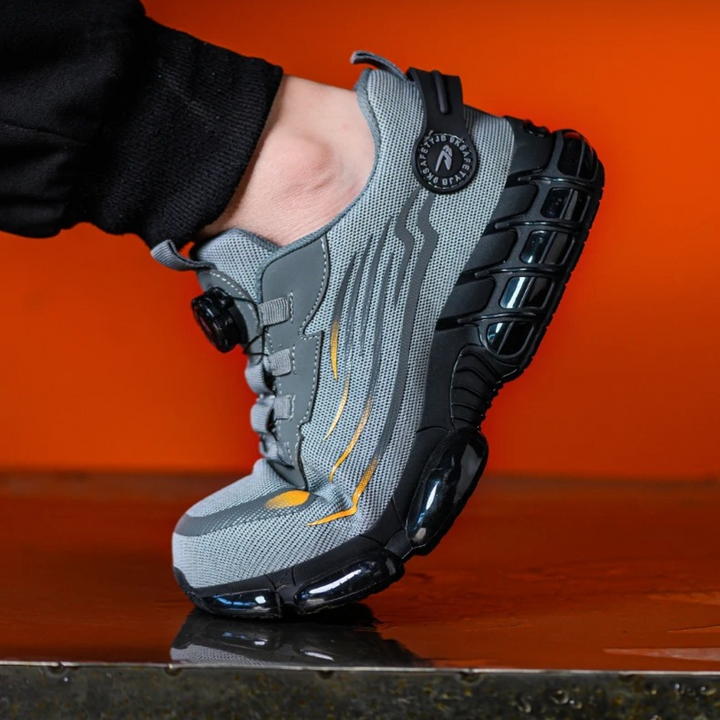 Mens black orthopedic safety work shoes showing breathable mesh upper material