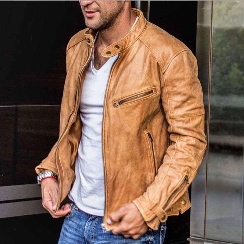Man wearing beige zip-front jacket with snap collar outdoors