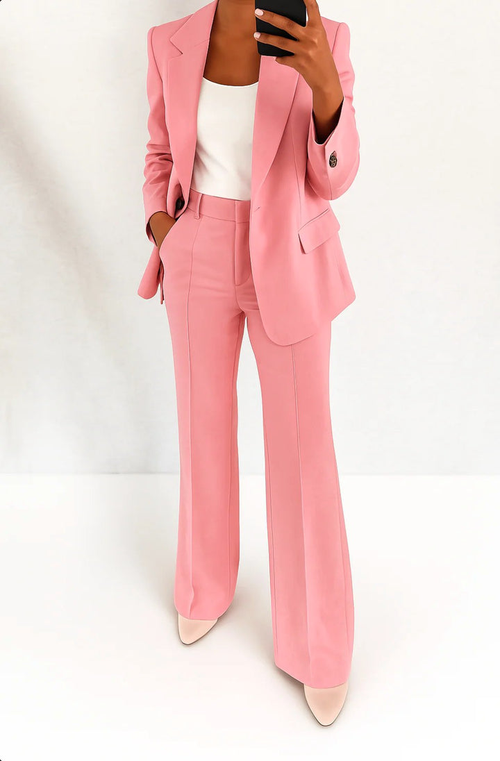 Close-up of tailored blazer lapel and button detail on business casual suit