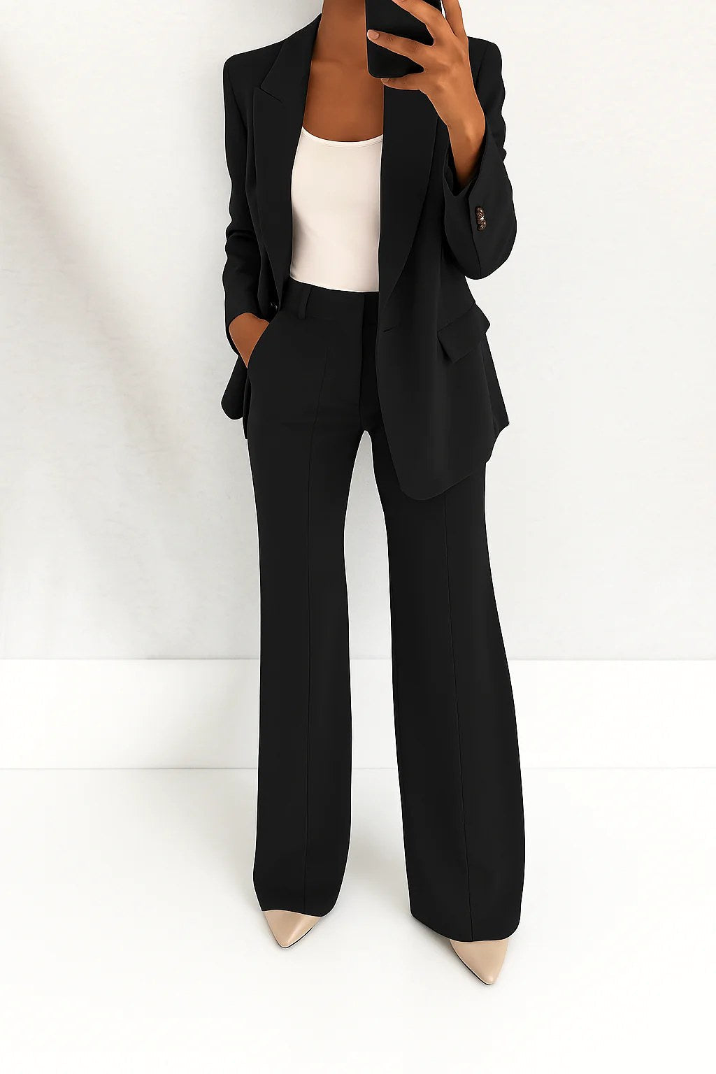 Back view of high rise wide leg pants from women's office wear suit set
