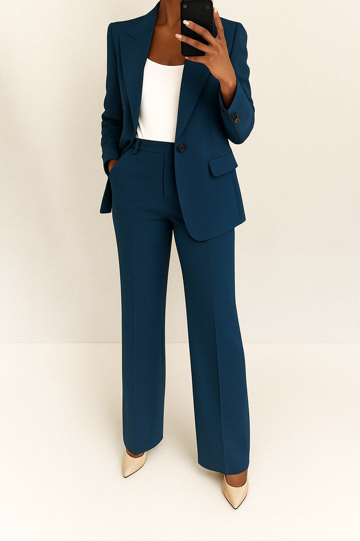 Side profile of women's professional tailored suit in business casual style